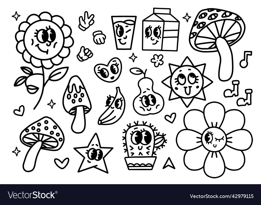 Black and white linear coloring page funny retro vector image