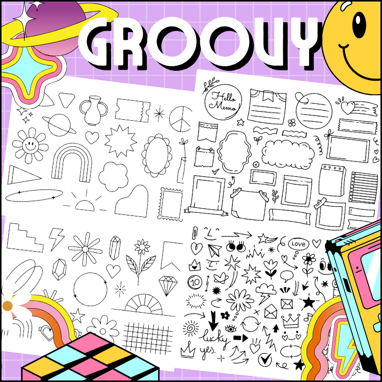 Groovy retro themed templates coloring pages