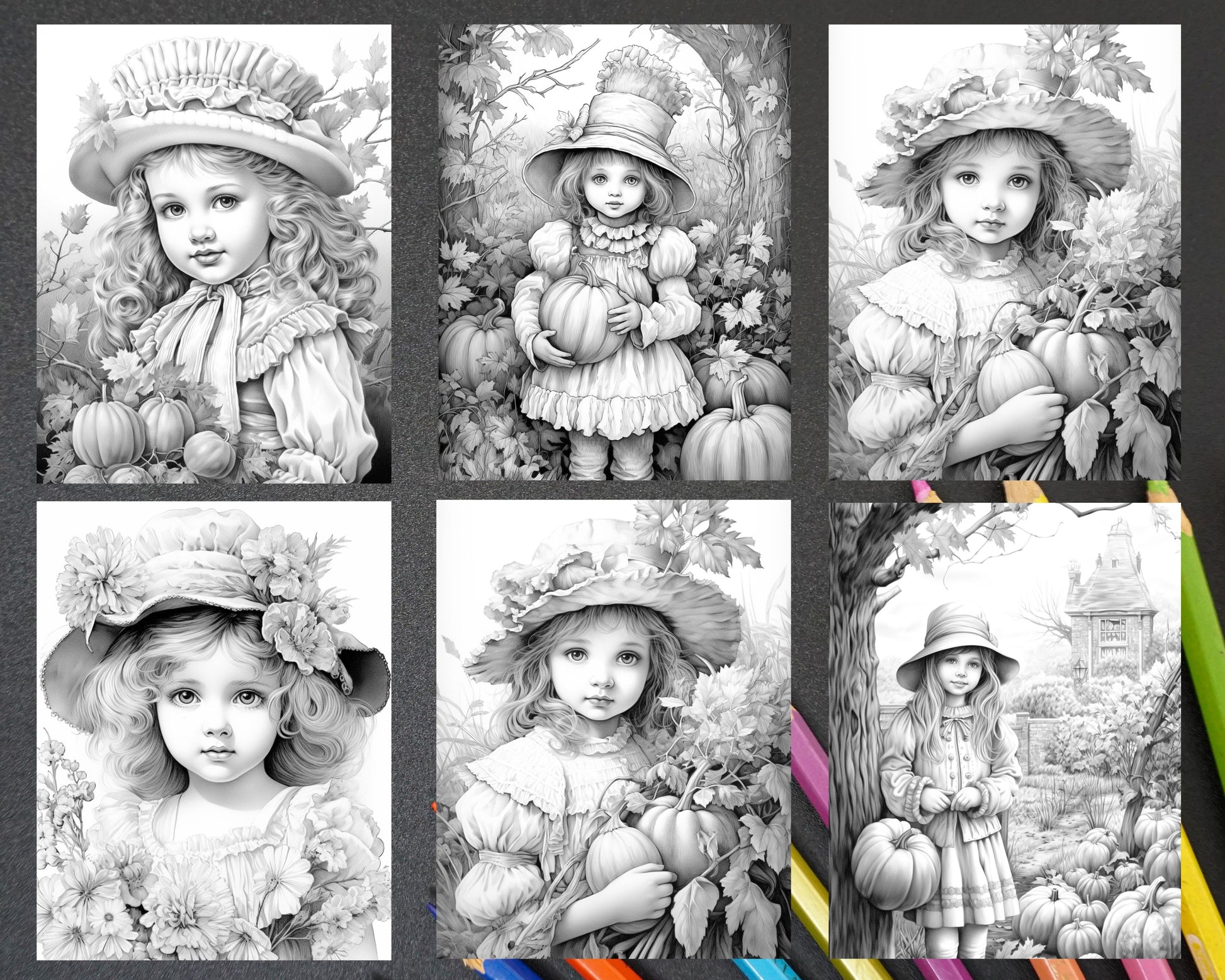 Vintage autumn adorable girls grayscale coloring pages for adults â coloring