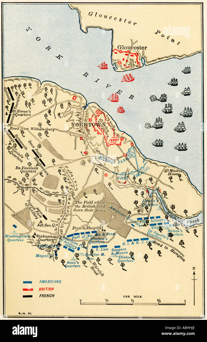 Map of the battle of yorktown where the british were defeated by the american and french alliance in the revolutionary war color lithograph stock photo