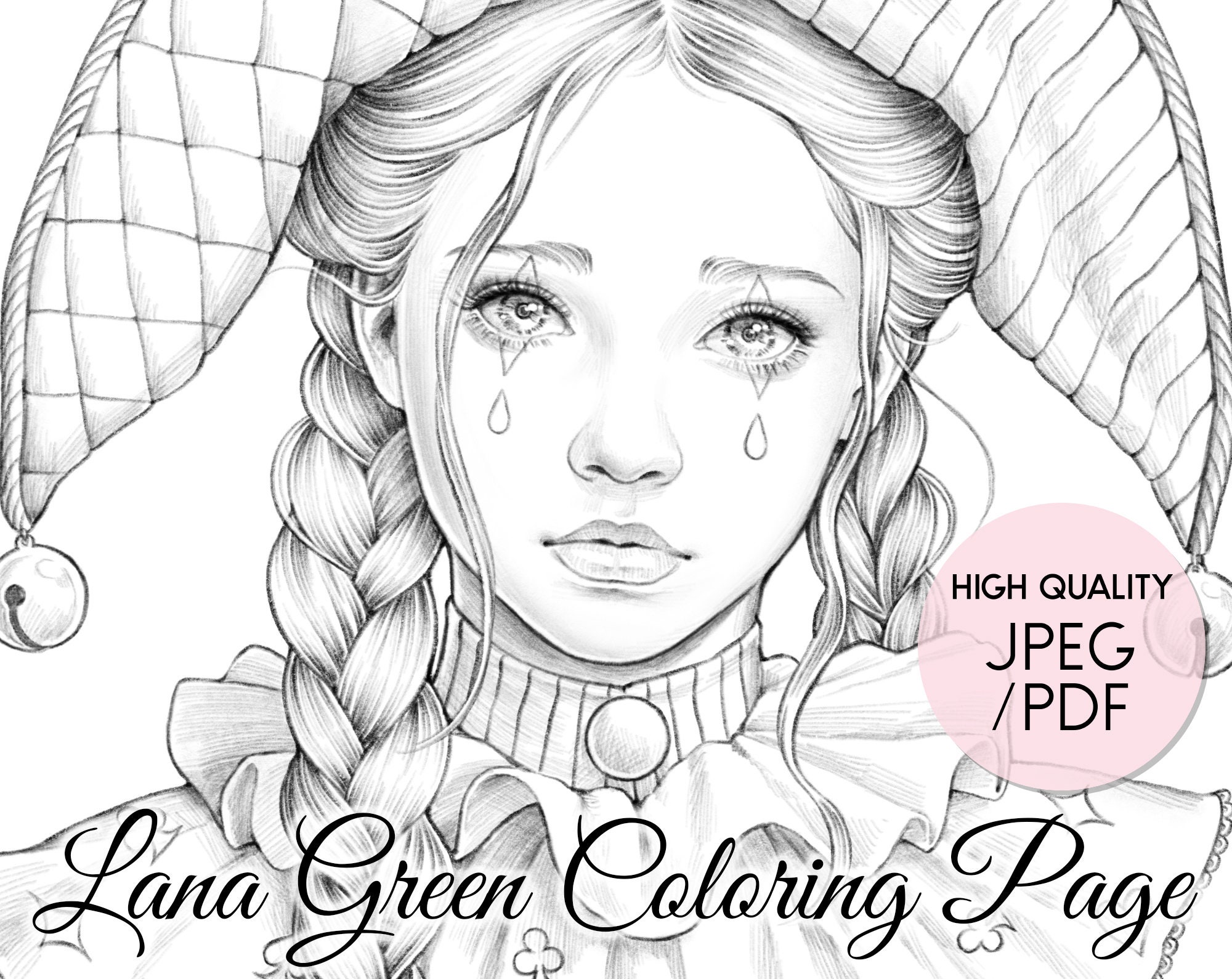 Clown tears coloring page for adults grayscale coloring page instant download lana green art jpeg pdf