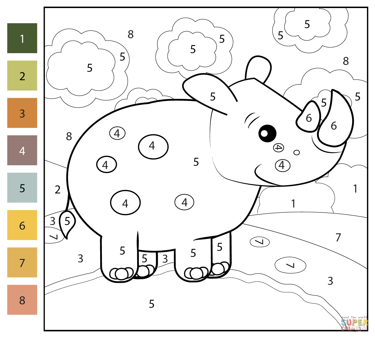 Rhino color by number free printable coloring pages