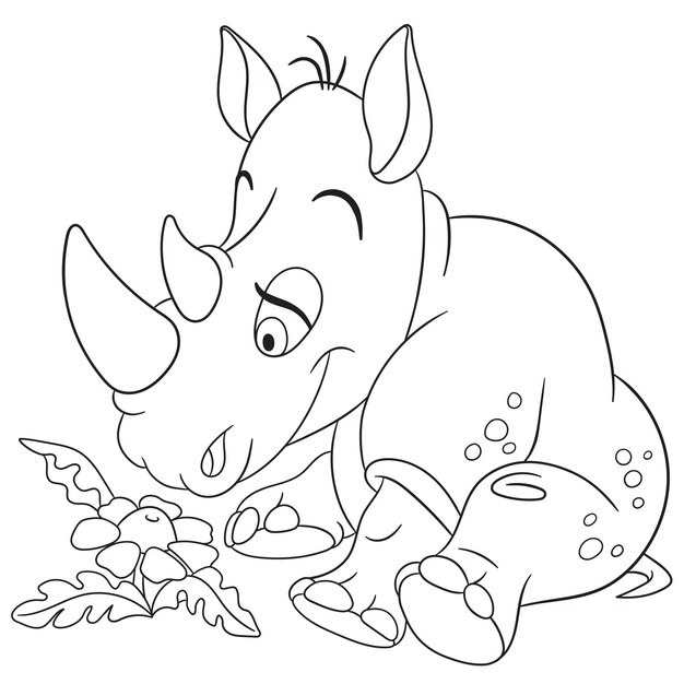 Premium vector happy rhino and daisy flower cartoon coloring book page for kids