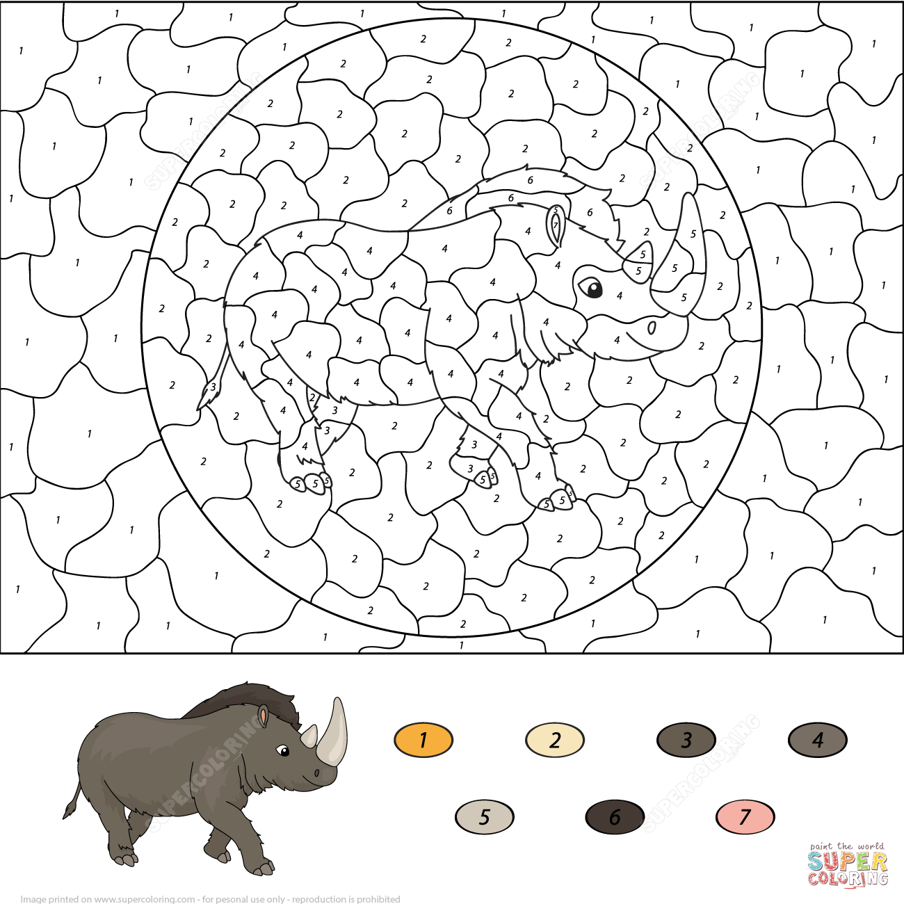 Prehistoric rhinoceros color by number free printable coloring pages