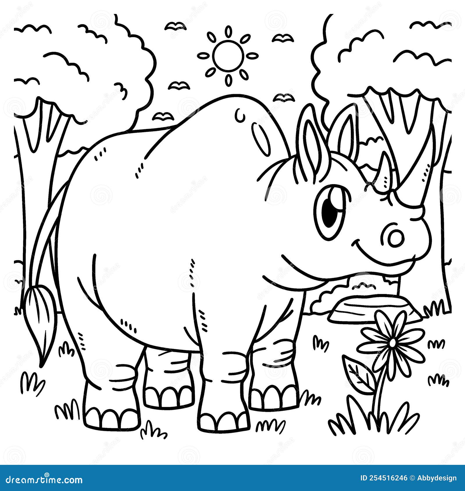 Rhinoceros animal coloring page for kids stock vector