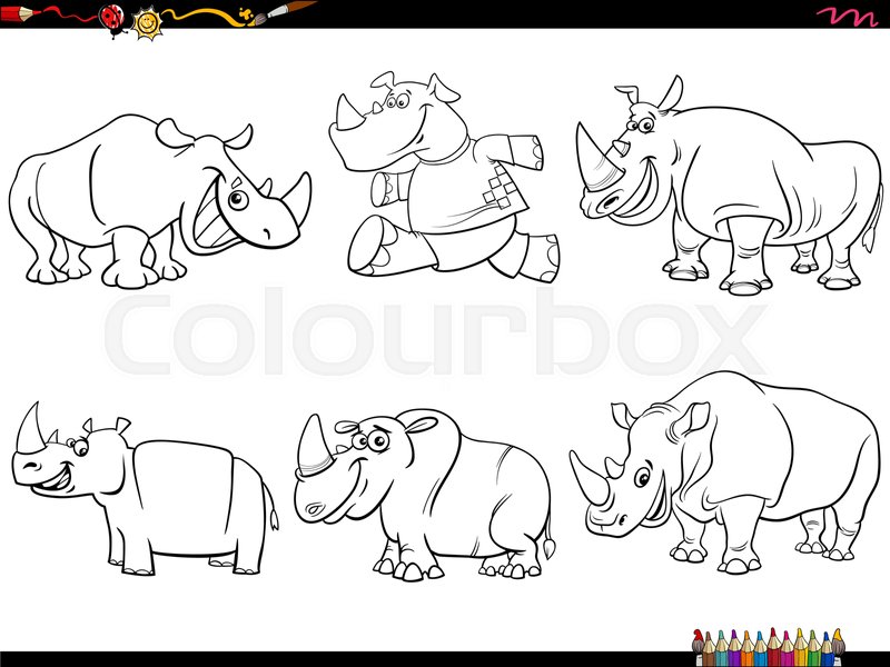 Cartoon rhinos animal characters set coloring page stock vector