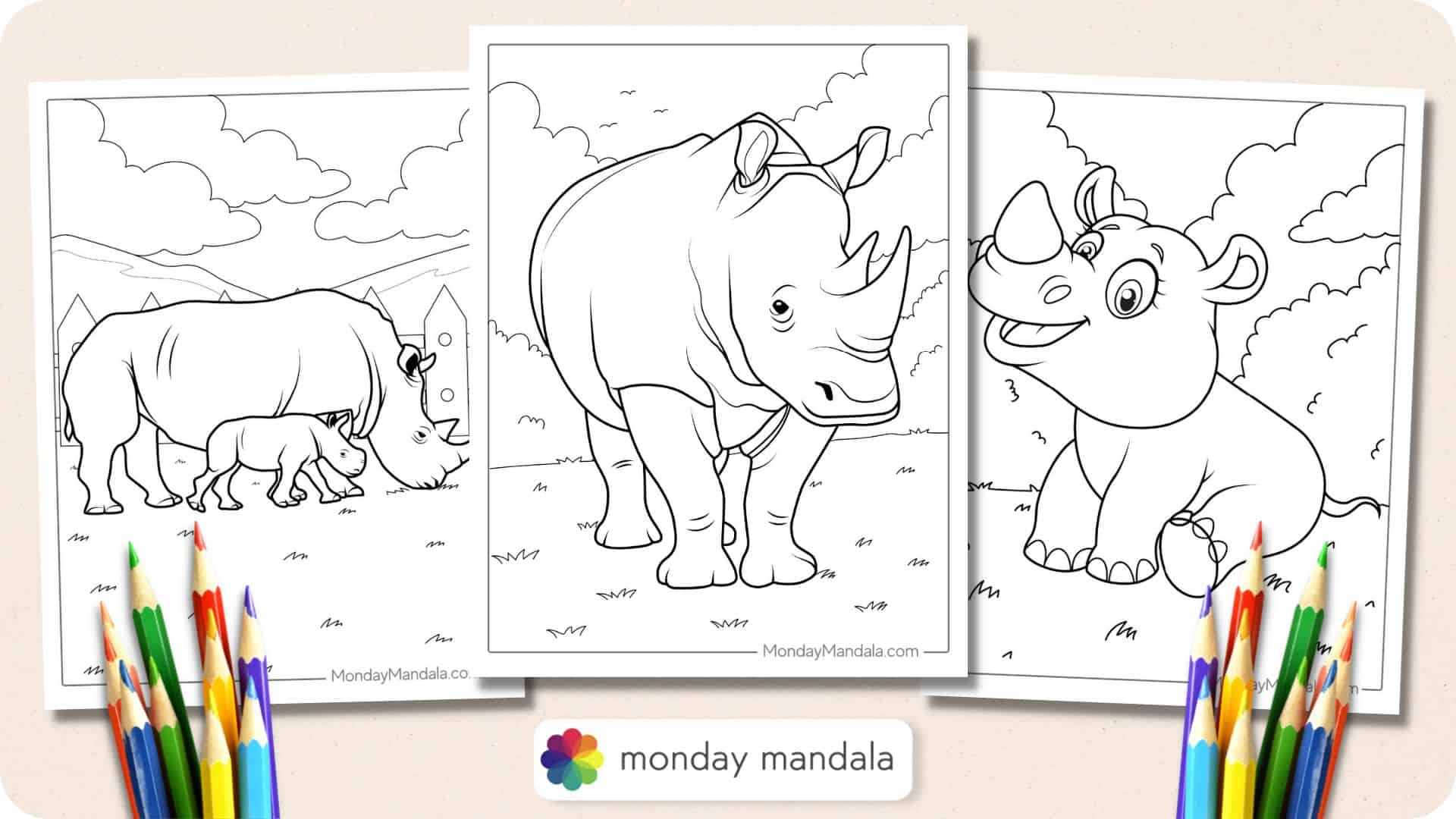 Rhino coloring pages free pdf printables