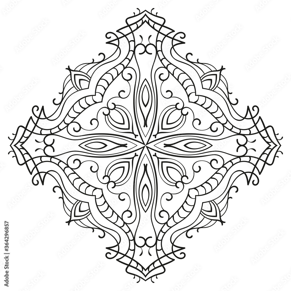 Rhombus ornamental mandala with cross in middle isolated design element for coloring book print on t