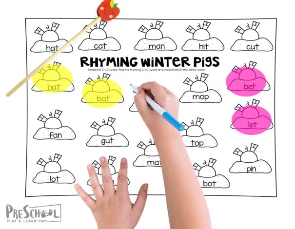 Free printable winter rhyming words worksheets