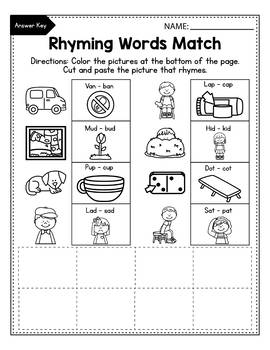 Cvc rhyming words worksheets activities picture cards kindergarten assessment