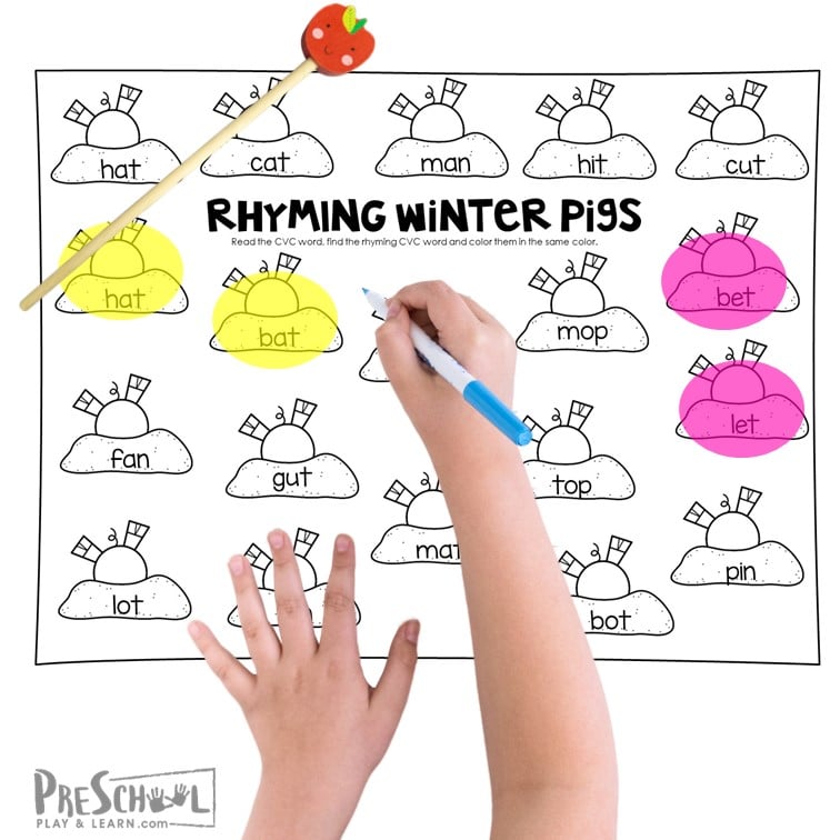 Free printable winter rhyming words worksheets