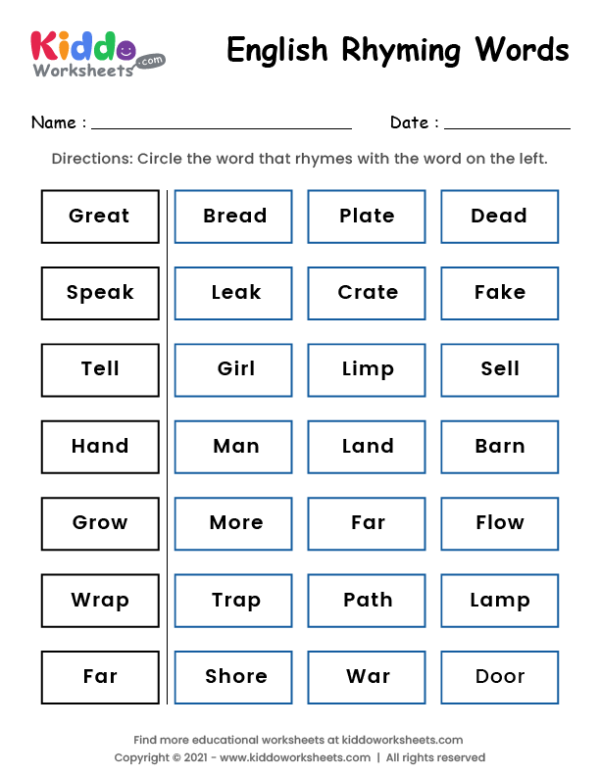 Free printable rhyming words worksheet