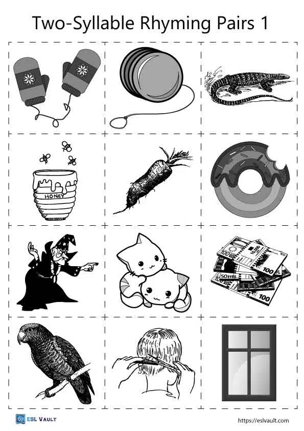 Syllable words that rhyme picture cards