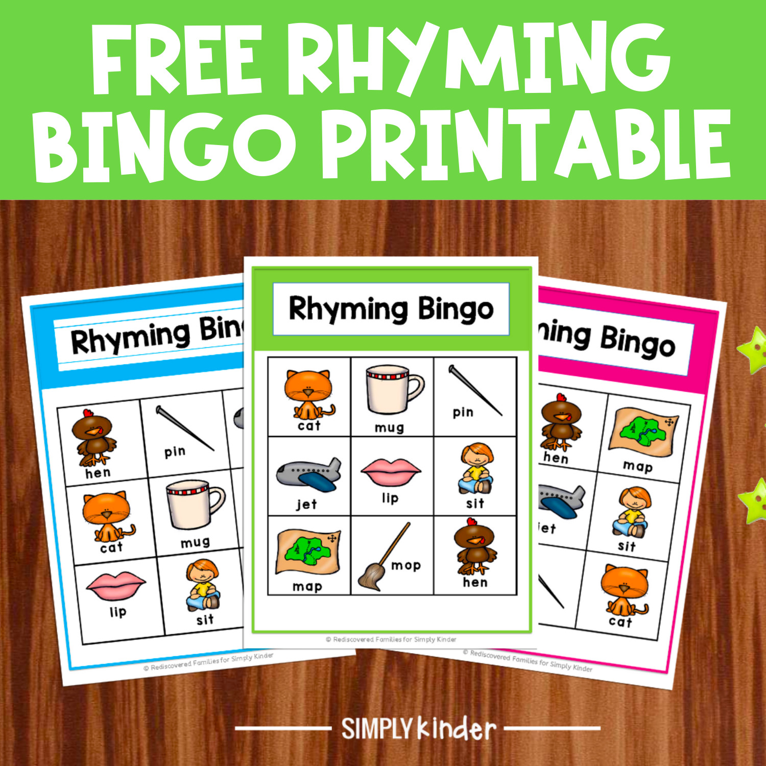 Free printable rhyming bingo game for kindergarten