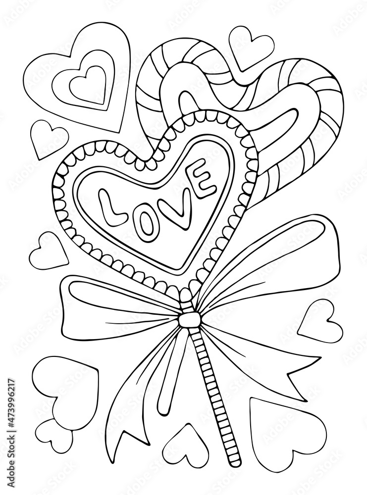 Coloring page love cute sweet lollipop hearts gift with ribbon bow valentine design hand drawn vector line art illustration coloring book for children and adults romantic black and white sketch