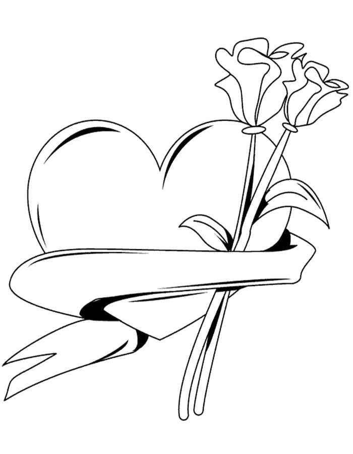 Online coloring pages coloring page heart entwined with a ribbon with roses st valentins day download print coloring page