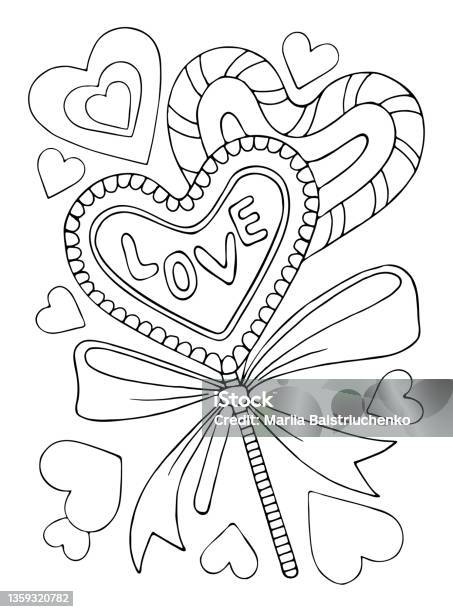 Coloring page love cute sweet lollipop hearts gift with ribbon bow valentine design hand drawn vector