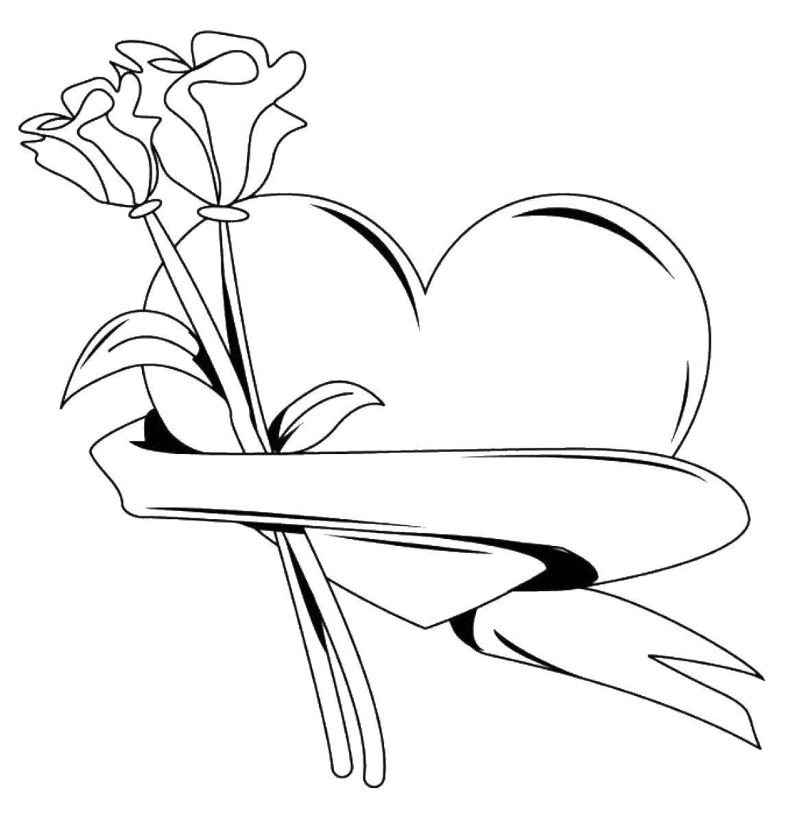 Online coloring pages with coloring heart entwined with a ribbon with roses hearts