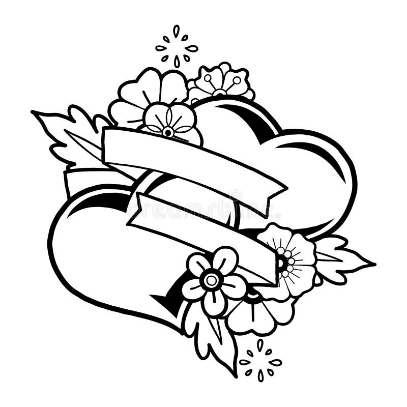Two graphic vector hearts ribbons and flowers stock vector