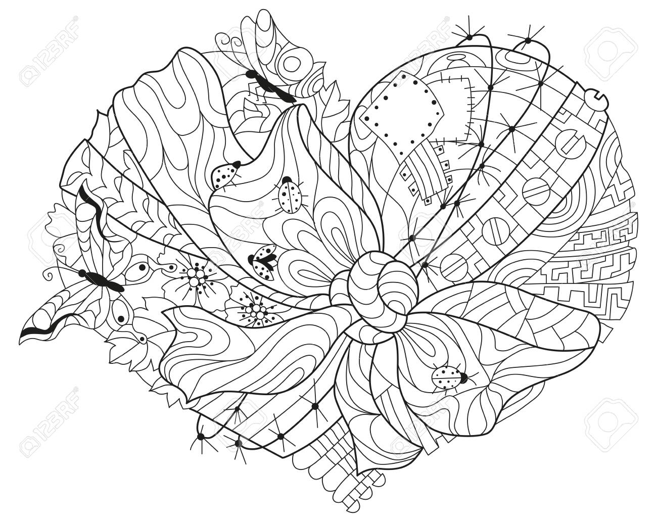 Vector adult coloring book textures heart tied with a ribbon with a bow hand