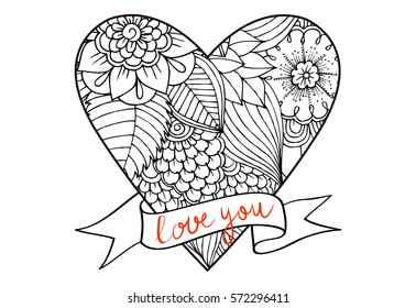 Vector doodle drawing heart ribbon lettering stock vector royalty free