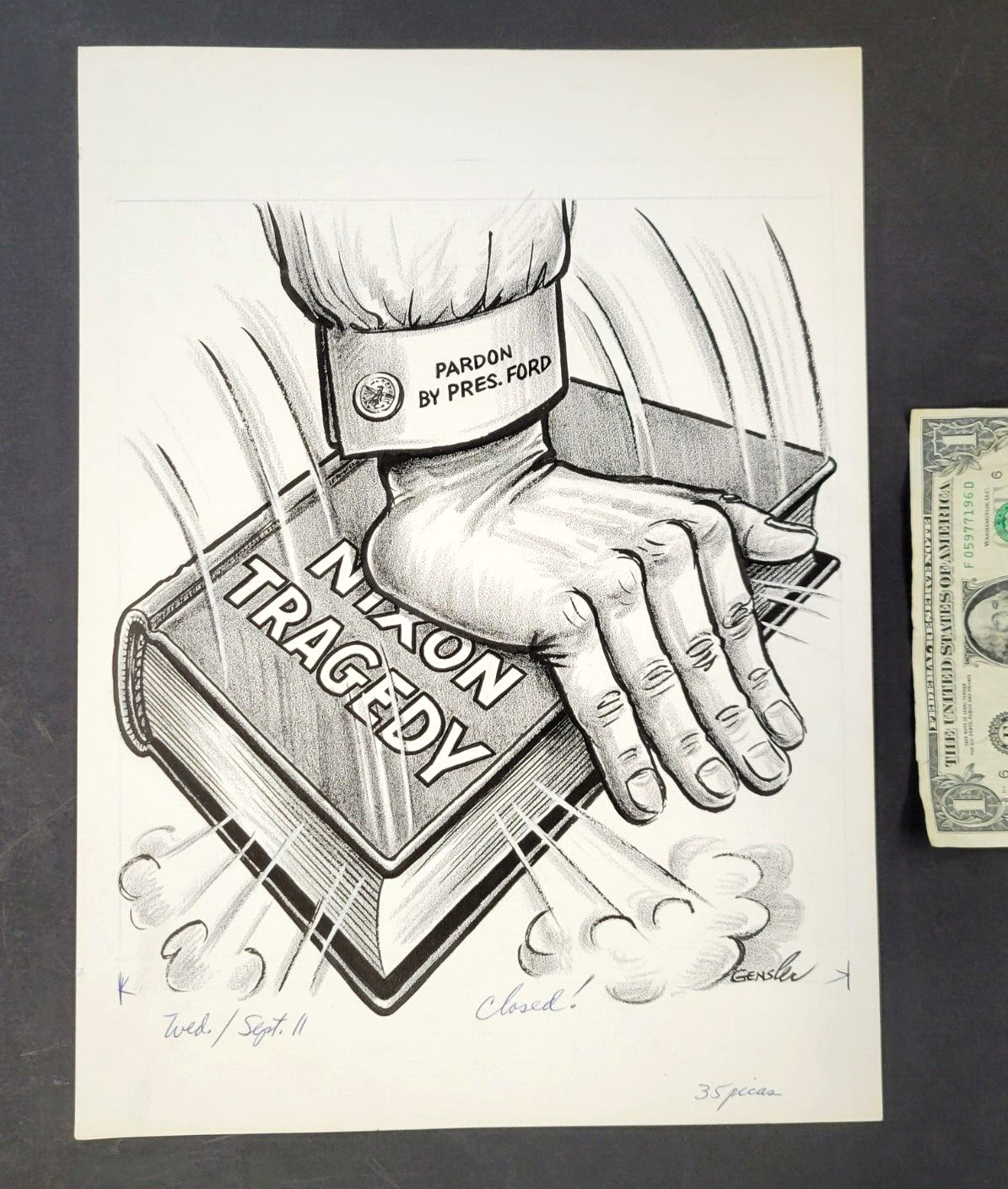 Richard nixon pardon by ford original drawing vtg political cartoon gensler