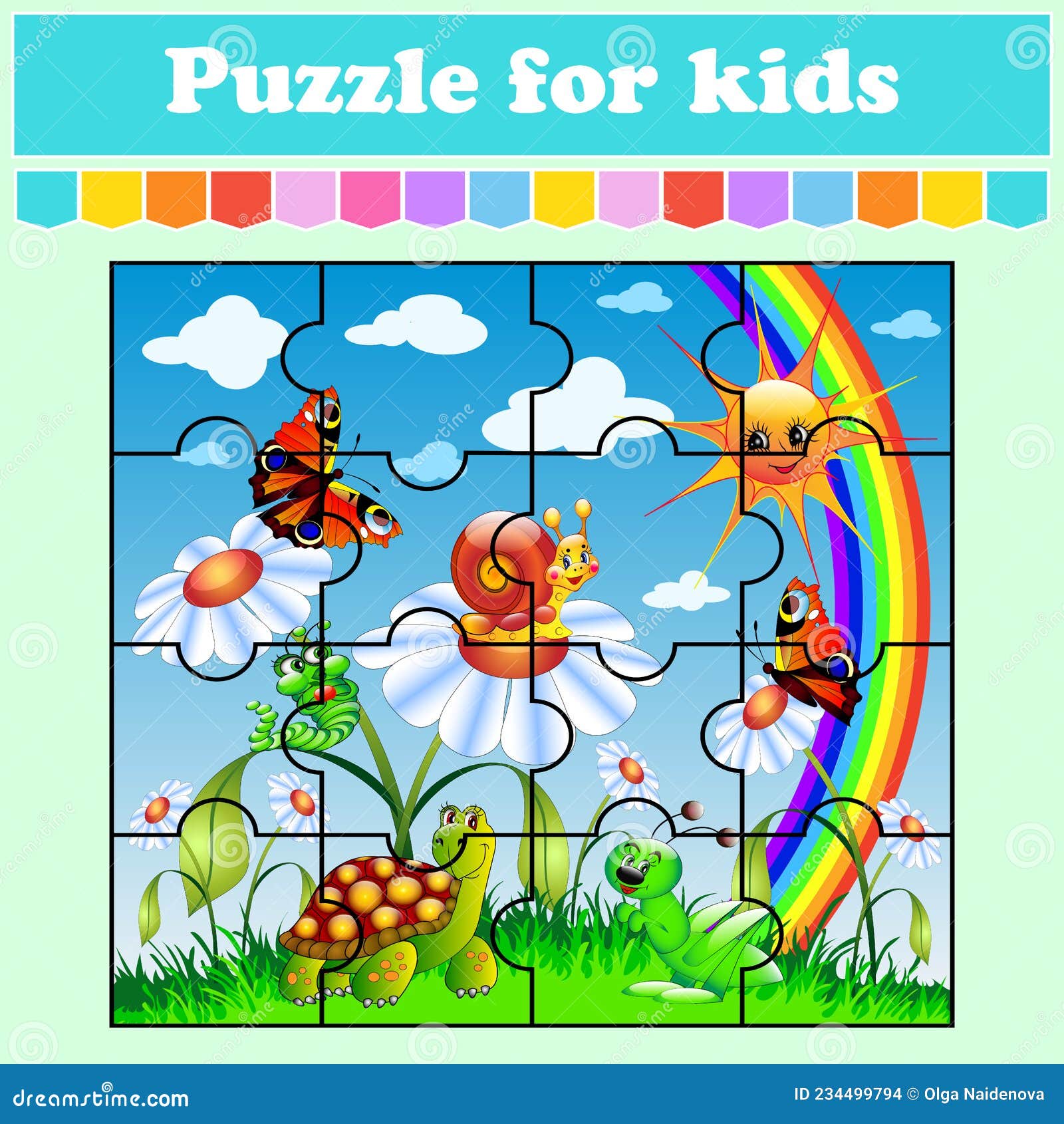 Puzzle game kids animals and insects in a meadow with flowers and a rainbow education worksheet color activity page riddle stock vector