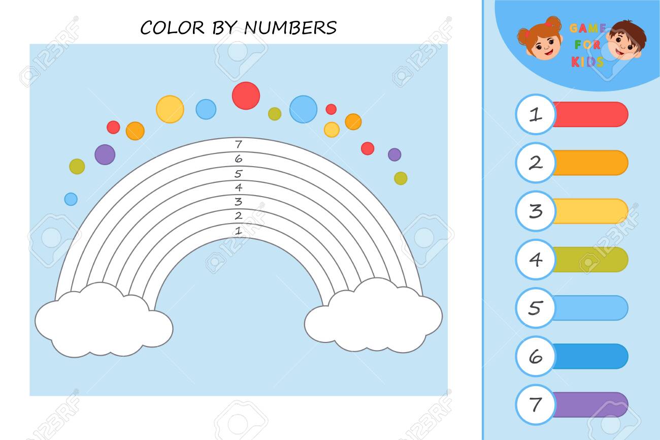 Educational children game vector colorful rainbow by number coloring page preschool printable worksheet activity royalty free svg cliparts vectors and stock illustration image