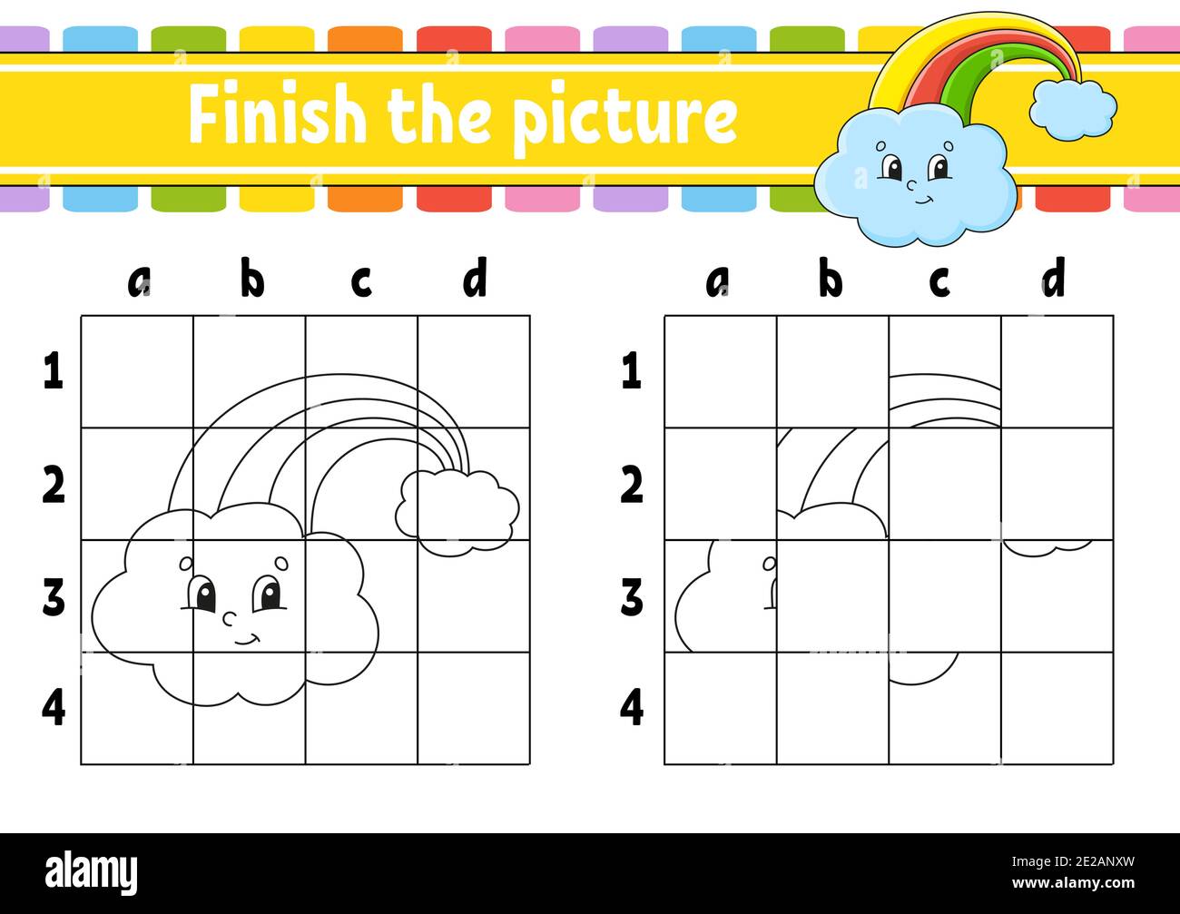 Finish the picture magic rainbow coloring book pages for kids education developing worksheet game for children handwriting practice cartoon char stock vector image art