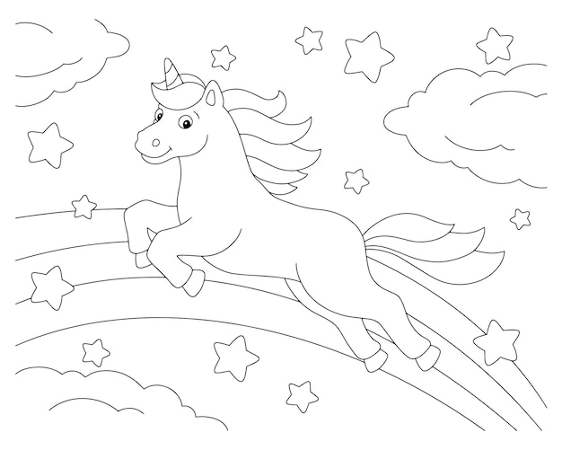 Premium vector the unicorn jumps along the rainbow coloring book page for kids