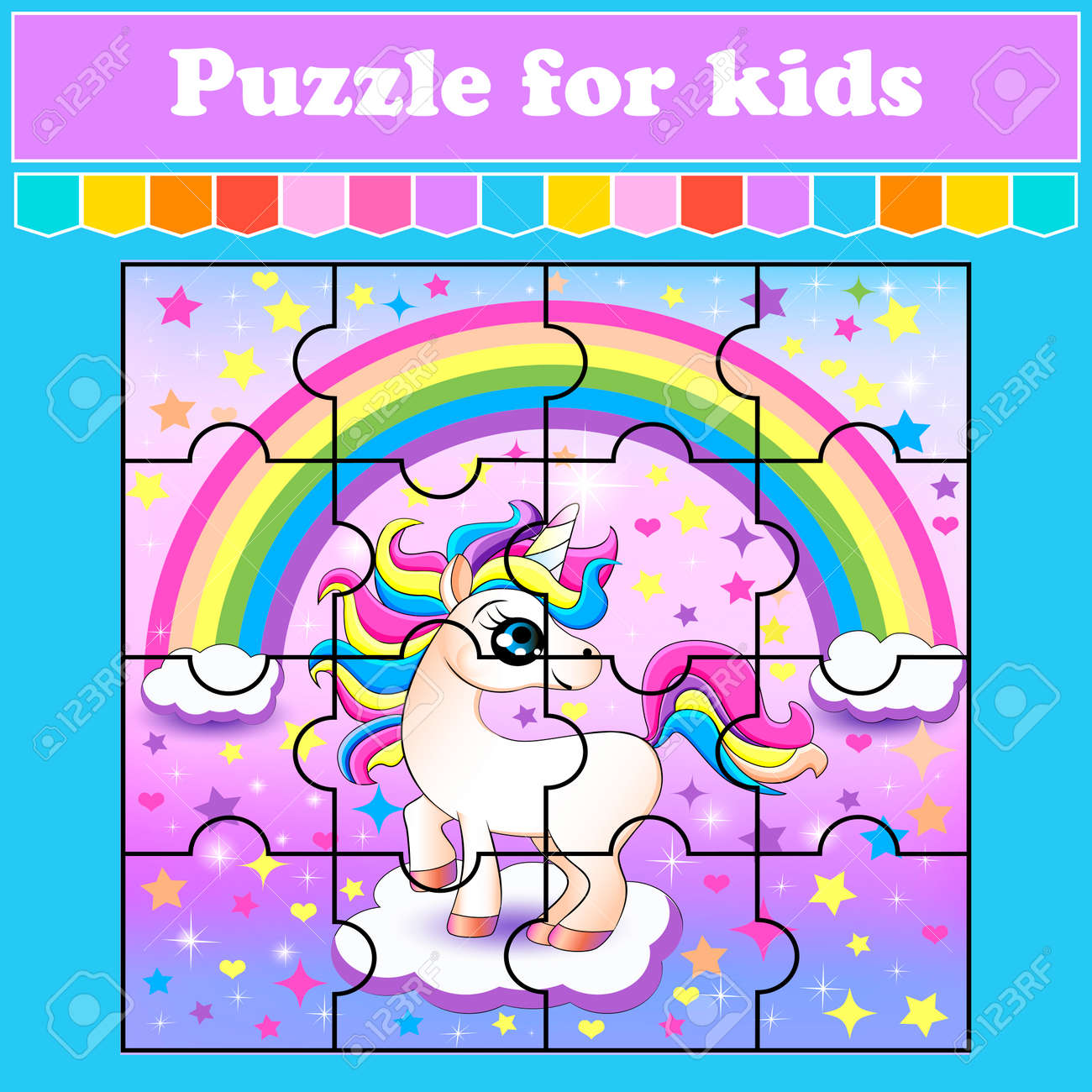 Puzzle game for kids illustration of a bright unicorn on a cloud with rainbow and stars education worksheet color activity page riddle for preschool isolated vector illustration cartoon style royalty free svg