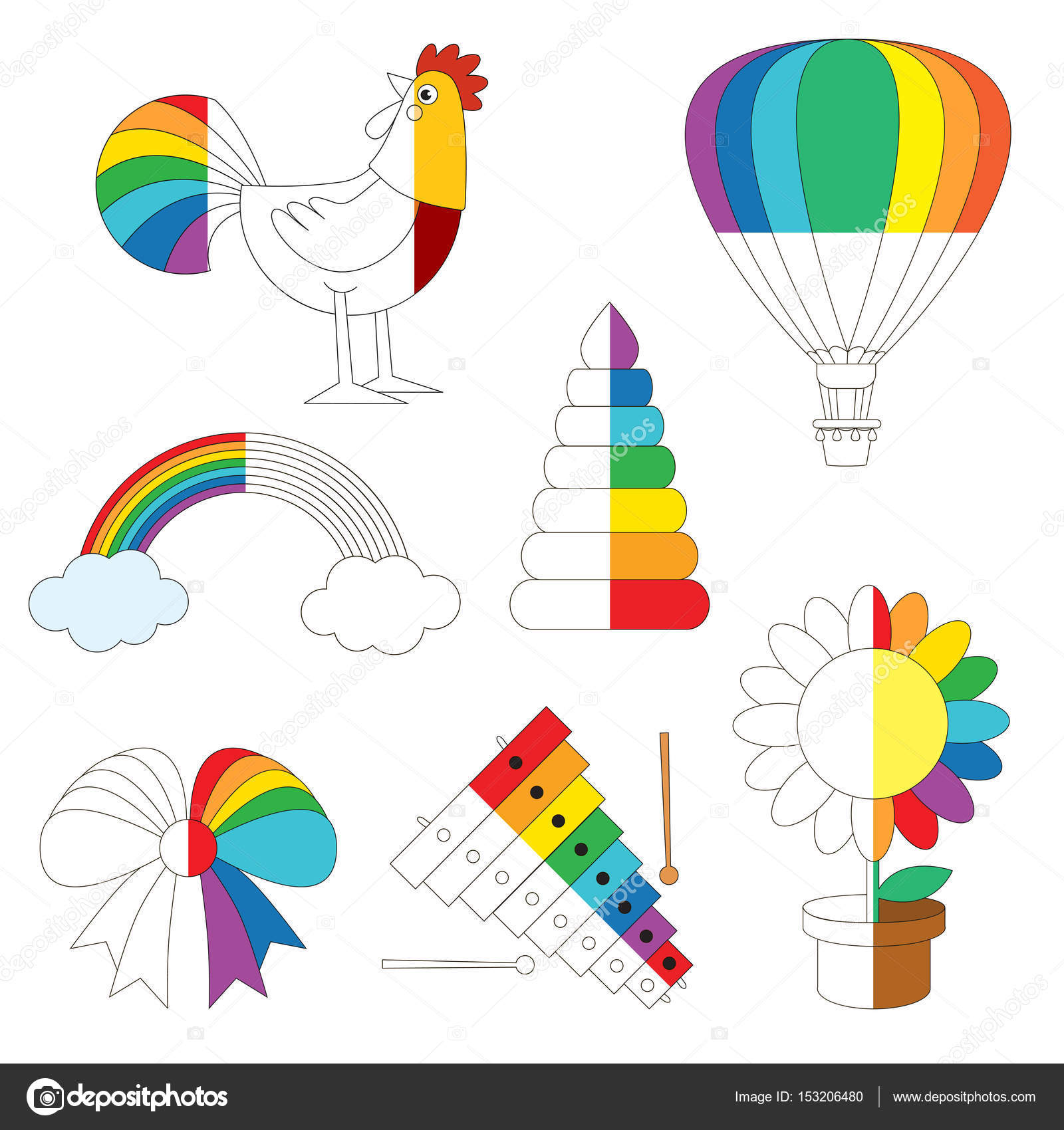 Rainbow colorful images the big kid game to be colored by example half stock vector by annamikhailova