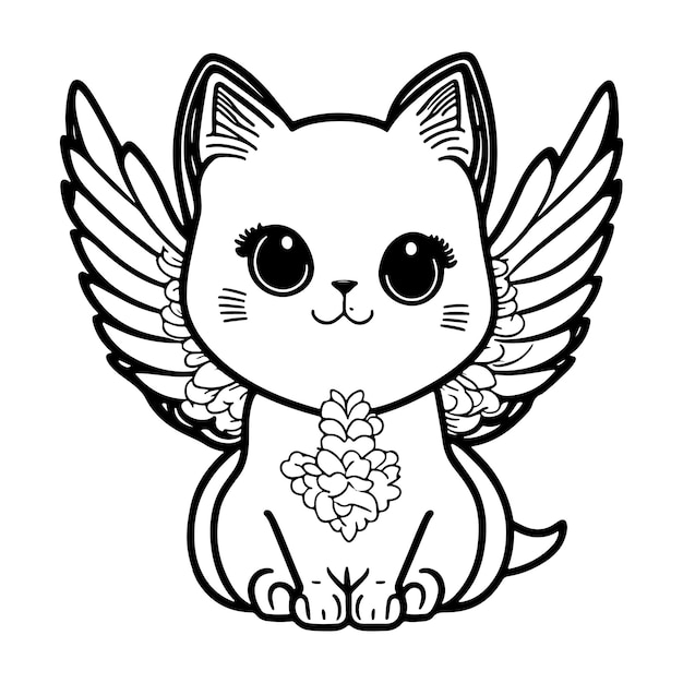 Premium vector cute cat angel cartoon vector outline cat with angel wings vector