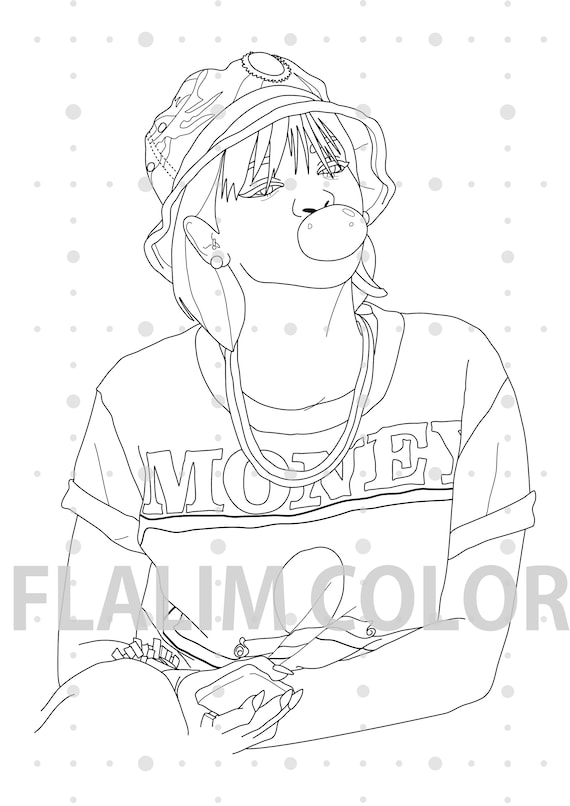 Rihanna style coloring pagejpgpageadigital printdivafashionclothchewing gum instant download