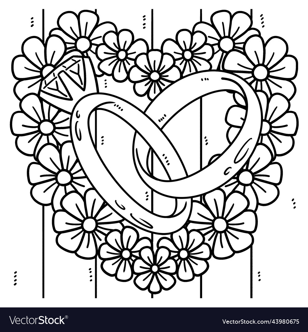 Wedding ring in a heart flower coloring page vector image