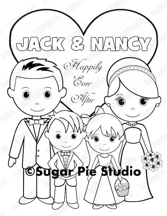 Personalized printable bride groom flower girl ring bearer wedding party favor childrens kids coloring page activity pdf or jpeg file