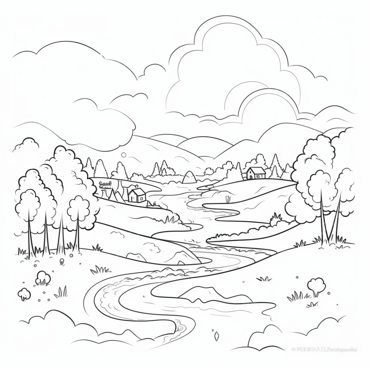 The coloring page is filled with mountains and the river mountain drawing river drawing ring drawing png transparent image and clipart for free download