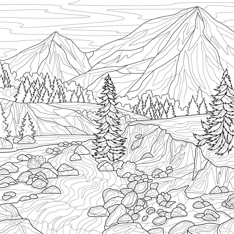 Scenery mountains and rivercoloring book antistress for children and adults stock vector
