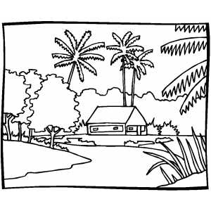 Hut on river coloring page