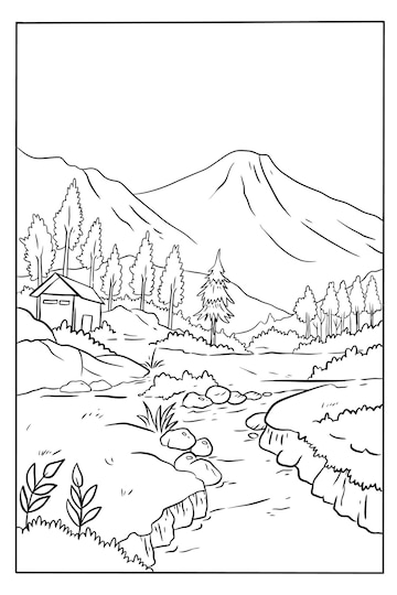 Premium vector coloring page of a mountain scene with a river and a house in the background