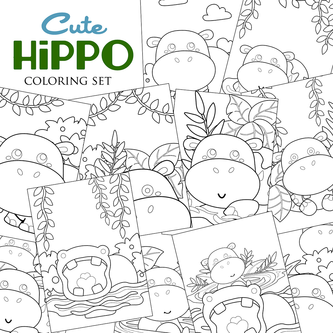 Cute hippotamus animal river coloring pages for kids and adult