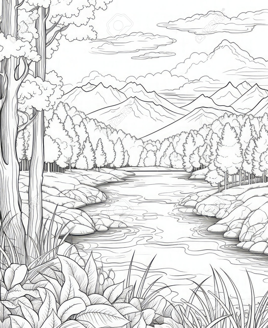 Landscape with river and forest coloring book page for adults stock photo picture and royalty free image image