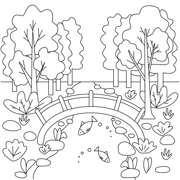 Cute kids coloring book with landscape bridge river and forest simple shapes sketch outline stock illustration