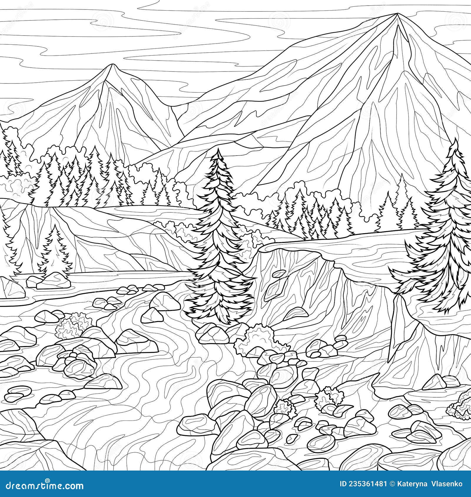 Scenery mountains and rivercoloring book antistress for children and adults stock vector