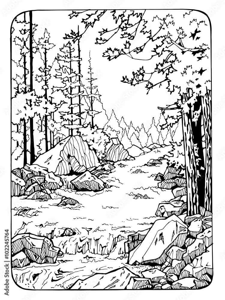 Coloring page with river and the wood illustration
