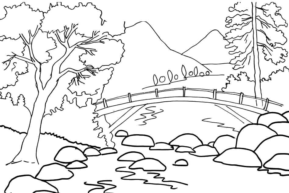 Online coloring pages river coloring page a rapid river flows under the bridge nature
