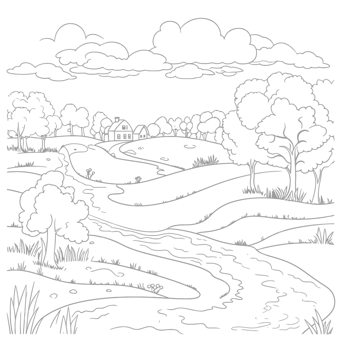 Watercolor landscape coloring page with a river and farm outline sketch drawing vector river drawing landscape drawing wing drawing png and vector with transparent background for free download