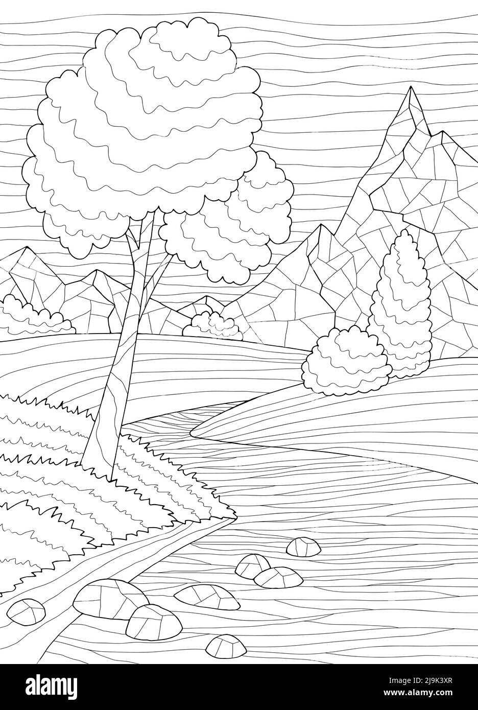 Mountain river coloring graphic black white vertical landscape sketch illustration vector stock vector image art