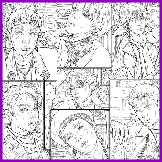 Bts coloring book printable coloring pageshand drawingall members are includeddigital downloadbangtan coloring sheets
