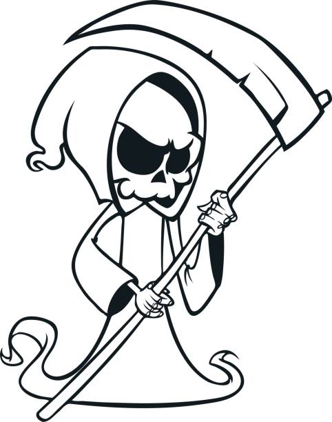 Cute cartoon grim reaper with scythe isolated on white coloring book stock illustration
